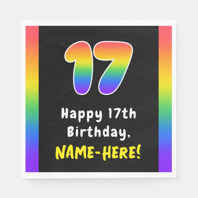 17th Birthday: Rainbow Spectrum # 17, Custom Name Napkin (Front)