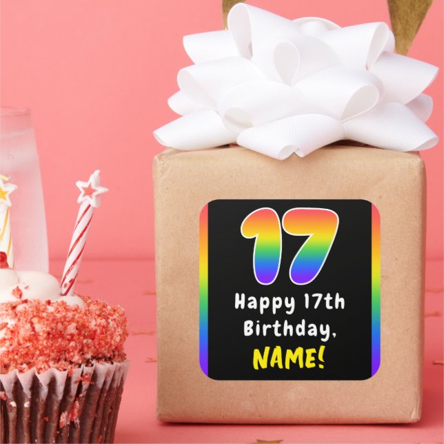 17th Birthday: Rainbow Spectrum # 17, Custom Name Square Sticker (Party)