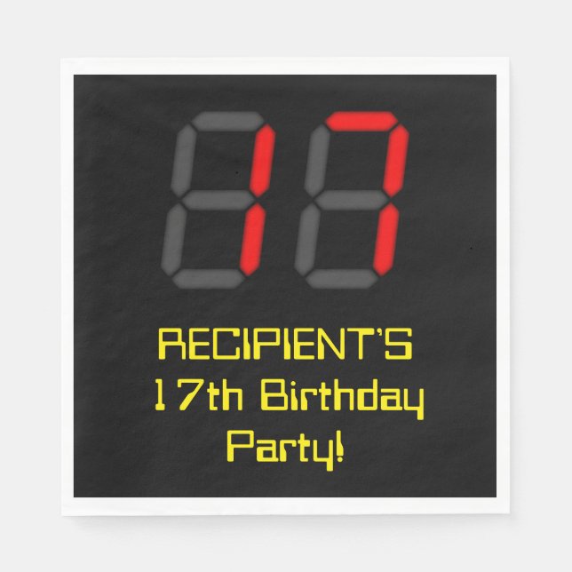 17th Birthday: Red Digital Clock Style "17" + Name Napkin (Front)