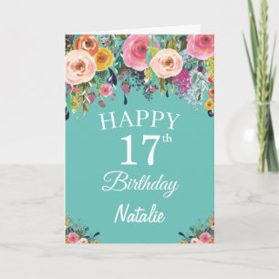 17th Birthday Watercolor Floral Flowers Teal Card