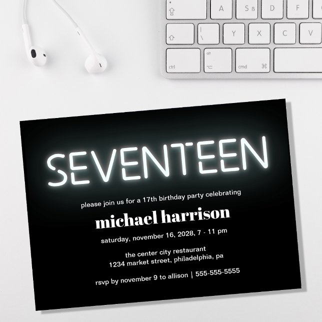 17th Birthday White Neon Lights Party Invitation (Creator Uploaded)