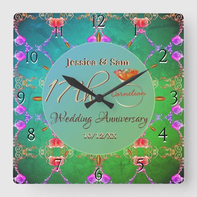 17th Carnelian Wedding Anniversary   Square Wall Clock (Front)