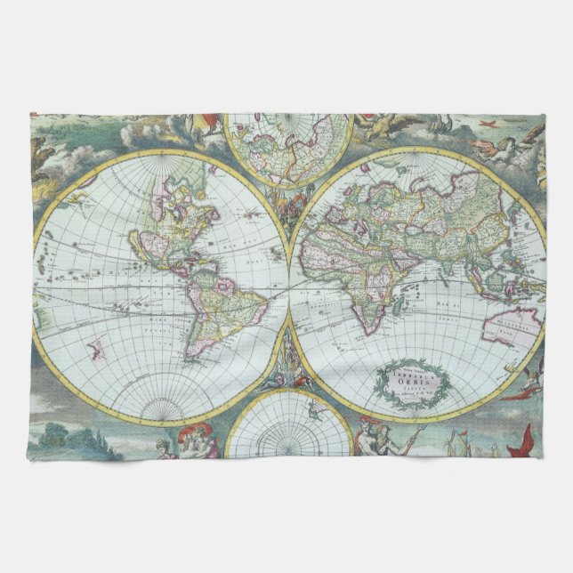 17th Century Antique World Map, Frederick De Wit Tea Towel (Horizontal)