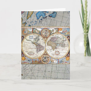 17th Century Dual Hemisphere World Map Card