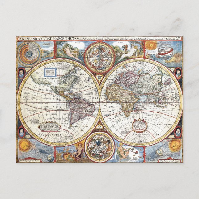 17th Century Dual Hemisphere World Map Postcard (Front)