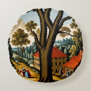 17th Century Needlepoint Style Pastoral Scene Round Cushion