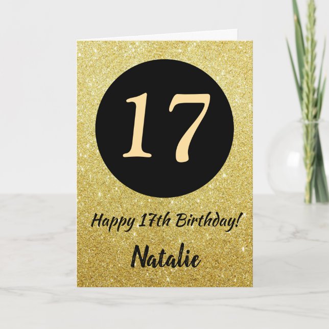 17th Happy Birthday Black and Gold Glitter Card (Front)