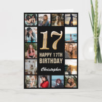 17th Happy Birthday Black and Gold Photo Collage