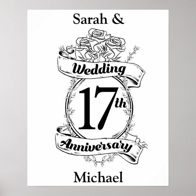 17th Wedding Anniversary Black and White Roses Poster (Front)