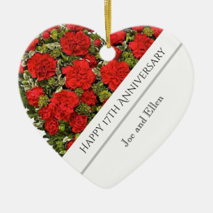 17th Wedding Anniversary, Red Carnations Heart Ceramic Ornament