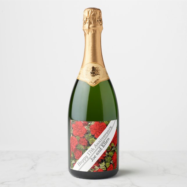 17th Wedding Anniversary, Red Carnations  Sparkling Wine Label (Front)