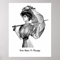 1800s B/W Art Woman With Umbrella