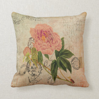 1800s French Handwriting Pink Peony Vintage Art Cushion
