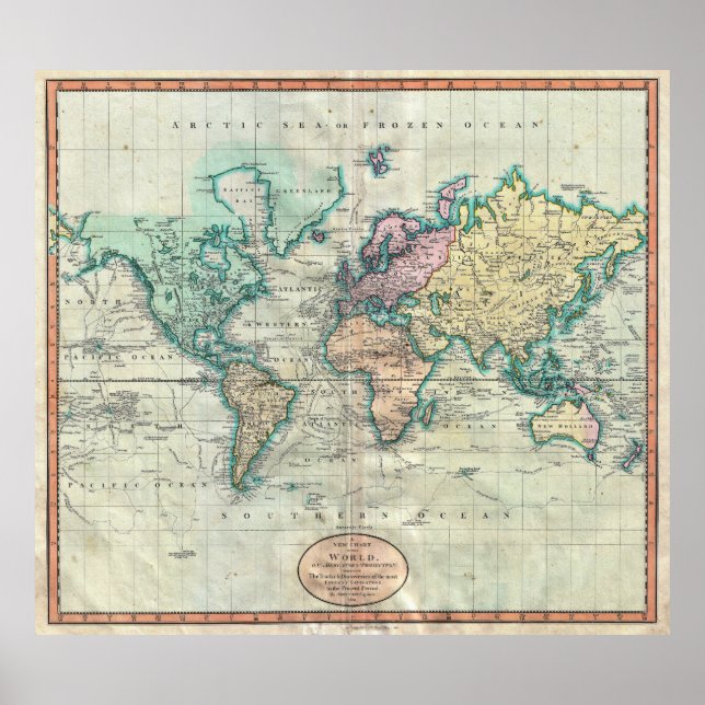 1801 Cary Map of the World on Mercator Projection Poster (Front)