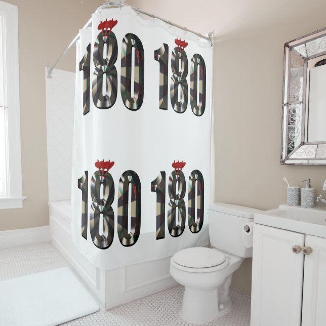 "180 in 3D: The Ultimate Darts Dimension" Shower Curtain (In Situ)