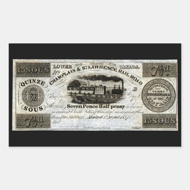 1837 Canadian Railroad Currency Rectangular Sticker (Front)