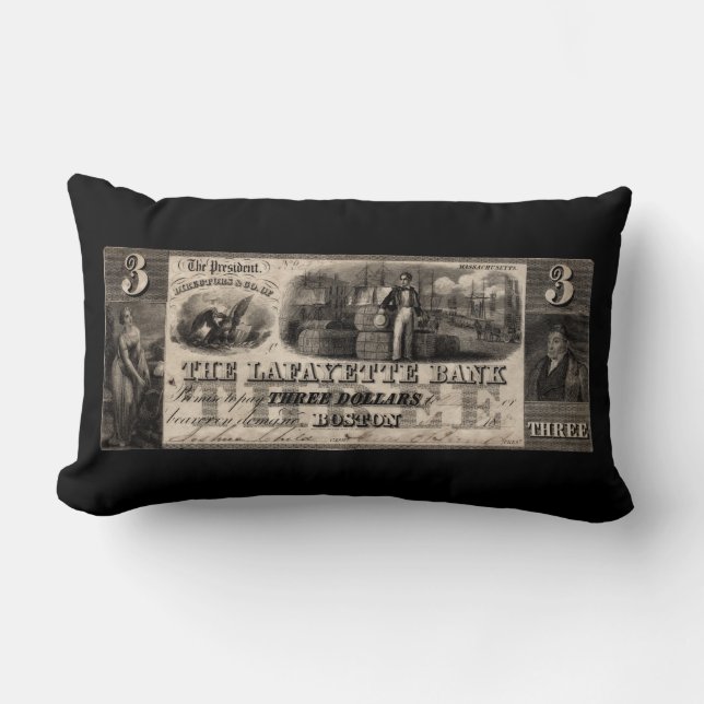 1837 Lafayette Bank Three Dollar Note Lumbar Cushion (Front)