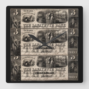 1837 Lafayette Bank Three Dollar Note Square Wall Clock