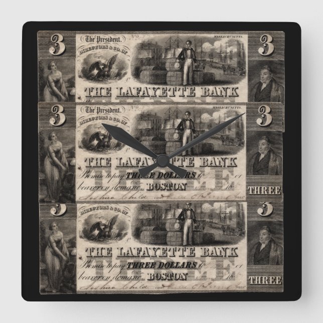 1837 Lafayette Bank Three Dollar Note Square Wall Clock (Front)
