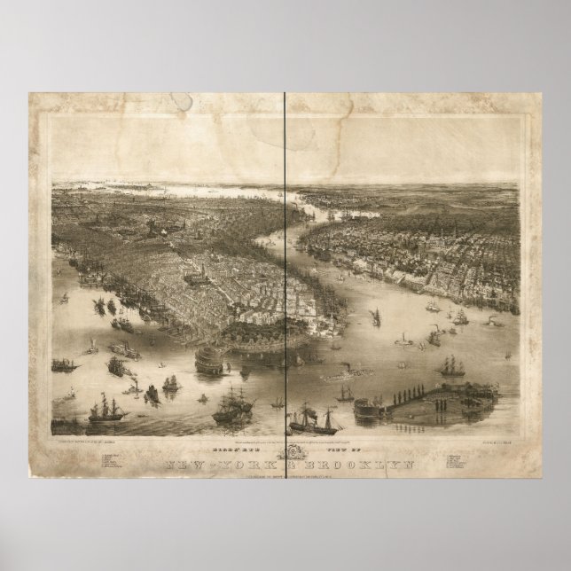 1851 New York & Brooklyn Birds Eye Panoramic Map Poster (Front)