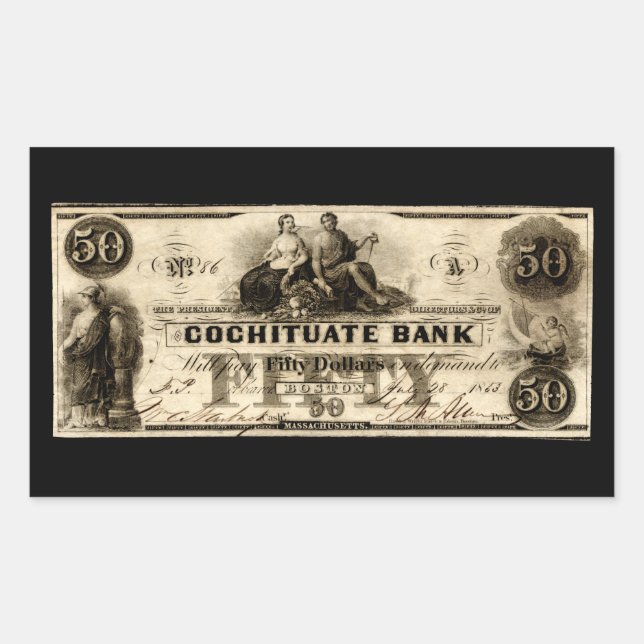 1853 Cochituate Fifty Dollar Note Rectangular Sticker (Front)