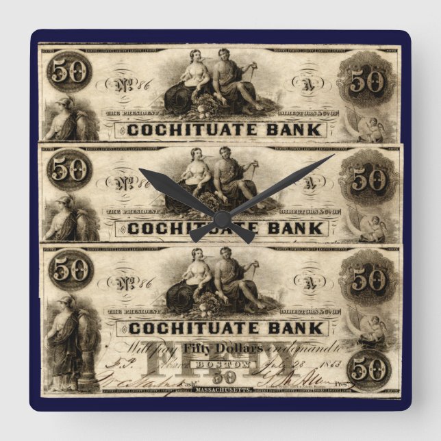 1853 Cochituate Fifty Dollar Note Square Wall Clock (Front)