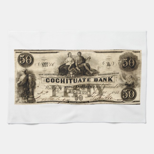 1853 Cochituate Fifty Dollar Note Tea Towel (Horizontal)