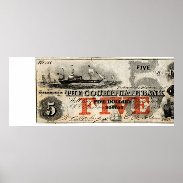 1853 Five Dollar Cochituate Bank Note Poster (Front)