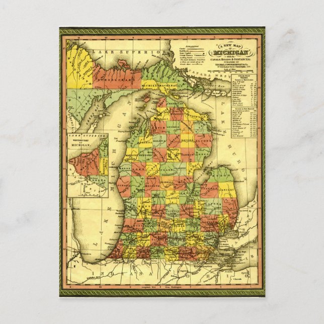 1853 Vivid Map of Michigan Show true allegiance MI Postcard (Front)