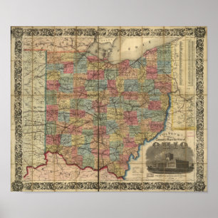 1854 Antique Rail Map of Ohio Poster