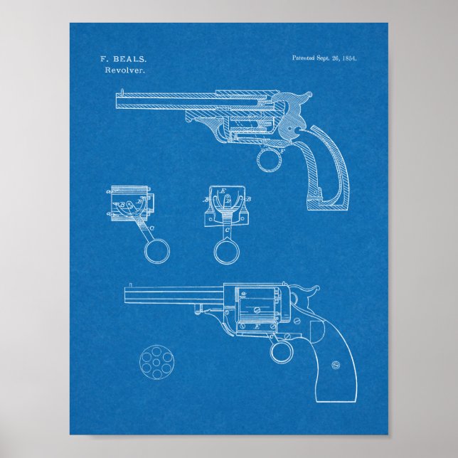 1854 Gun Revolver Patent Art Drawing Print (Front)
