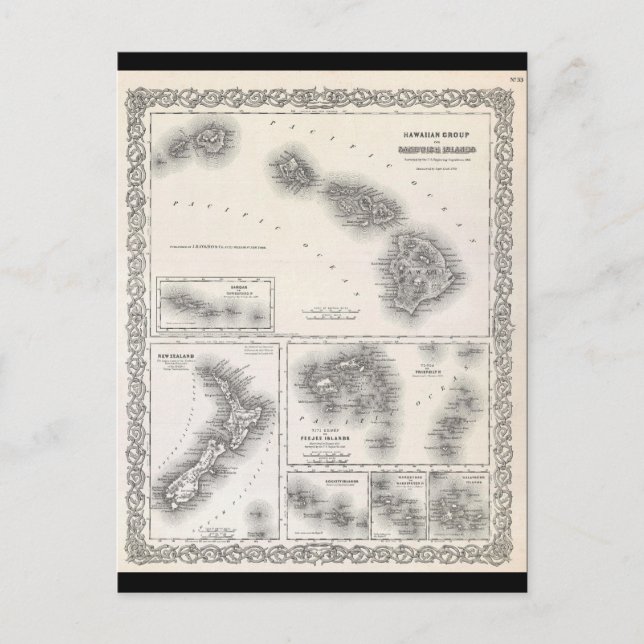1855 Colton Map of Hawaii and New Zealand Postcard (Front)