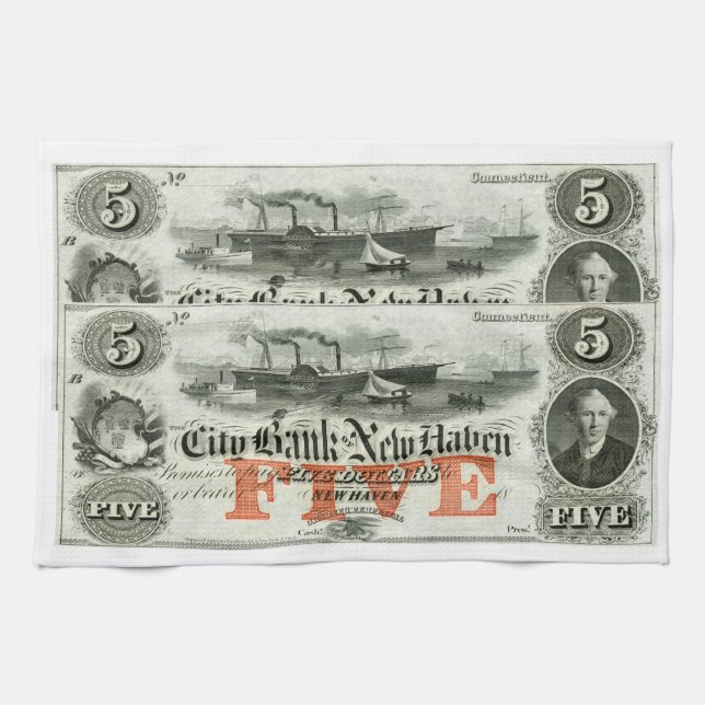 1855 New Haven Five Dollar Note Tea Towel (Horizontal)