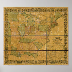 1856 Antique Railroad Map of the United States Poster