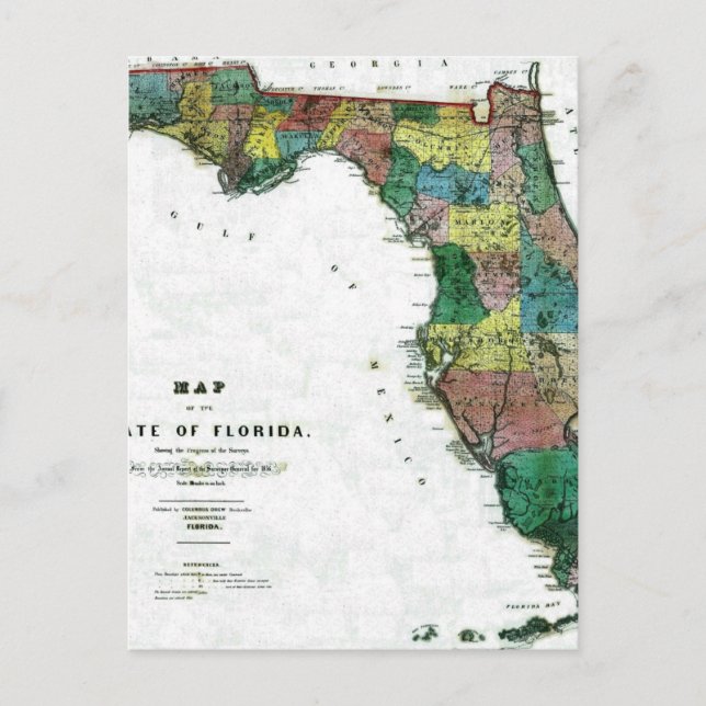 1856 Map of the State of Florida by Columbus Drew Postcard (Front)
