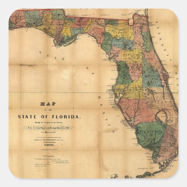 1856 Map of the State of Florida by Columbus Drew Square Sticker (Front)