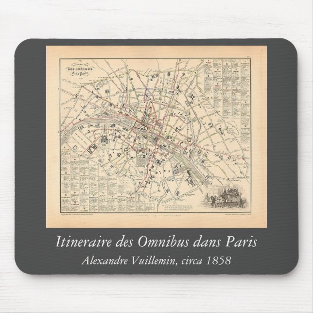 1858 Map: Itineraire des Omnibus dans Paris France Mouse Pad (Front)