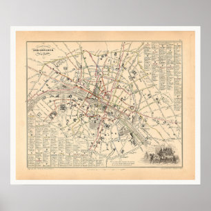 1858 Map: Itineraire des Omnibus dans Paris France Poster