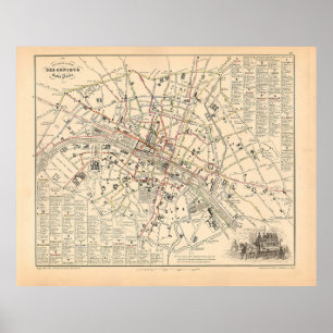 1858 Map: Itineraire des Omnibus dans Paris France Poster