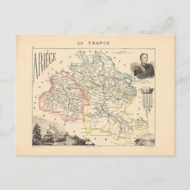 1858 Map of Ariege Department, France Postcard (Front)