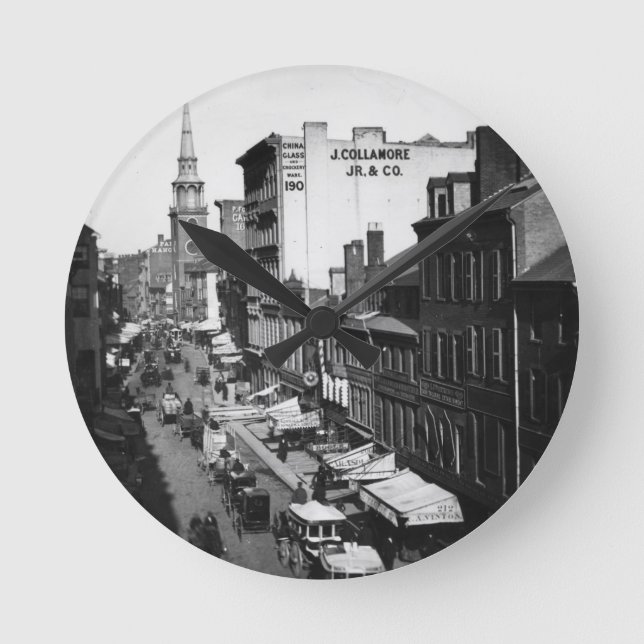 1859:  Traffic and shops on Washington Street Round Clock (Front)