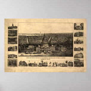 1860-90 Washington DC Birds Eye View Panoramic Map Poster