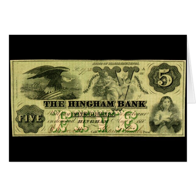 1860 Hingham Massachusetts Five Dollar Note (Front Horizontal)