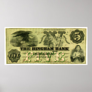 1860 Hingham Massachusetts Five Dollar Note Poster