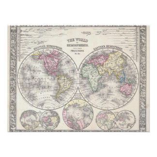 1864 Mitchell Map of the World on Hemisphere Proje Poster
