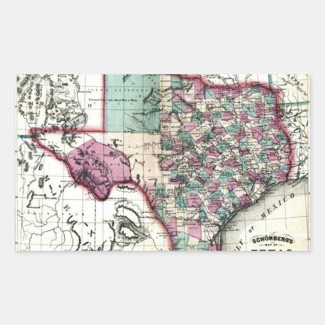 1866 Antiquarian Map of Texas by Schönberg & Co. Rectangular Sticker (Front)