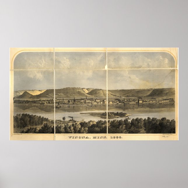 1866 Winona, MN Birds Eye View Panoramic Map Poster (Front)