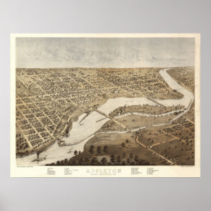 1867 Appleton, WI Birds Eye View Panoramic Map Poster