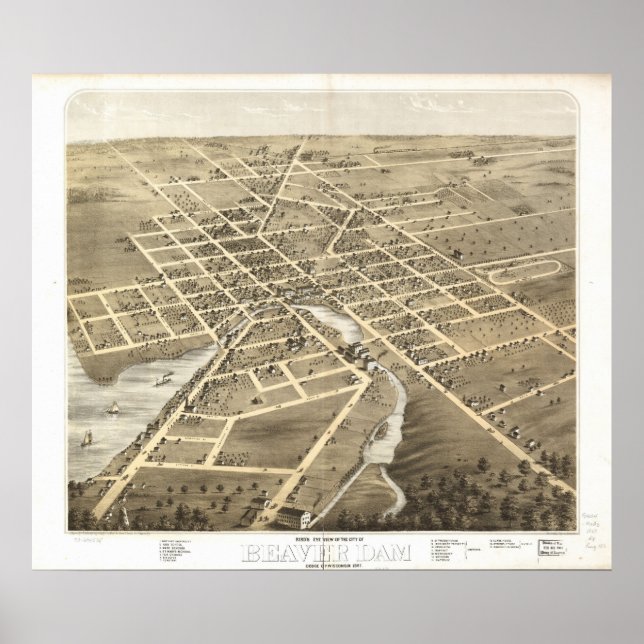 1867 Beaver Dam, WI Birds Eye View Panoramic Map Poster (Front)
