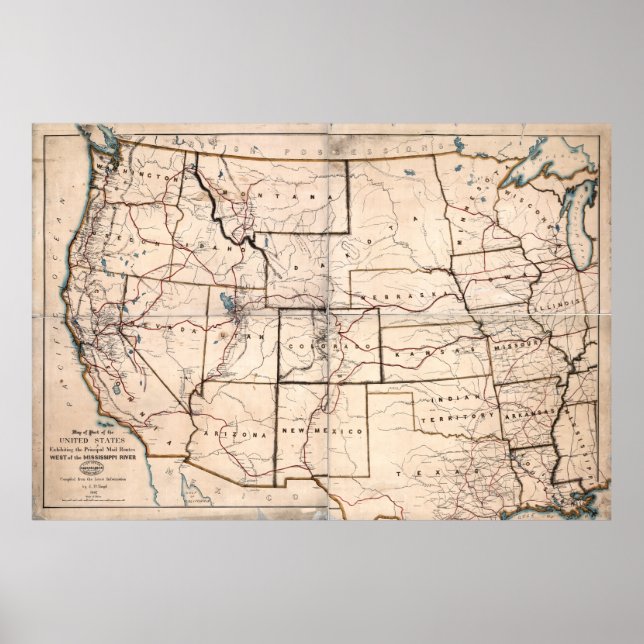 1867 Map of STAGECOACH and MAIL ROUTES Poster (Front)